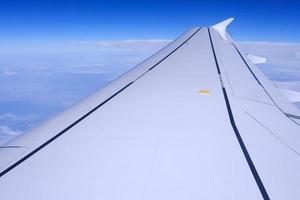 Close up Airplane Wing with Beautiful Blue Sky Background. photo