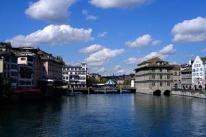 Scenery of Zurich at Limmat River where is a Famous Landmark of Switzerland. photo