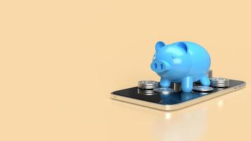 The blue piggy bank on mobile phone for applications or internet banking concept 3d rendering photo