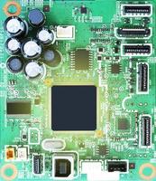 Mockup black central processing unit on printed circuit board with gold light effect photo