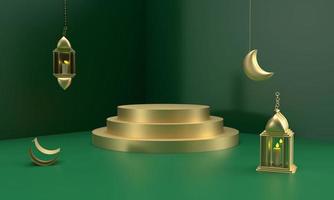 Green gradient color podium golden yellow orange moon star lamp lightbulb lantern empty symbol decoration ornament ramadon season april month  islam muslim religion presentation product.3d render photo