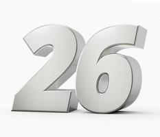 Silver 3d numbers 26 twenty six. Isolated white background 3d illustration photo