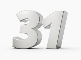 Silver 3d numbers 31 Thirty one. Isolated white background 3d illustration photo