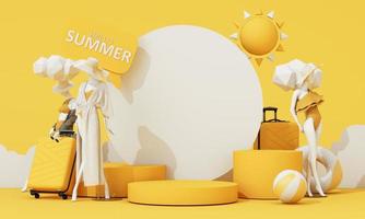 summer vacation concept with sunglasses and suitcase with clouds in the background along with mannequins, fashion clothes, swimwear with copy space banner product stand display. 3d rendering photo