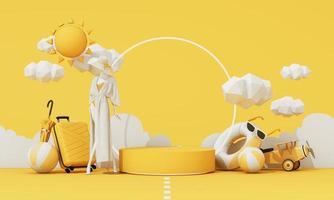 summer vacation concept with sunglasses and suitcase with clouds in the background along with mannequins, fashion clothes, swimwear with copy space banner product stand display. 3d rendering photo