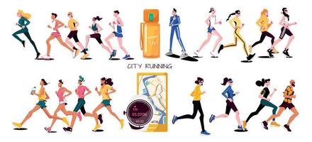 ciudad corriendo plano icono conjunto vector