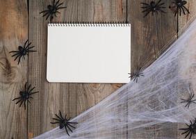 cuaderno abierto con páginas en blanco, telaraña y arañas negras foto