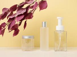 transparent plastic jar with lid, bottle and empty plastic container with dispenser on white table, branch with red leaves. Cosmetic products, brand promotion and advertising photo