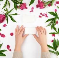 female hand holding a stack of white empty paper business cards photo