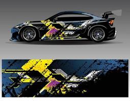 vector de diseño de envoltura de coche. Diseños de kits de fondo de carreras de franjas abstractas gráficas para envolver vehículos carrera de autos rally aventura y librea