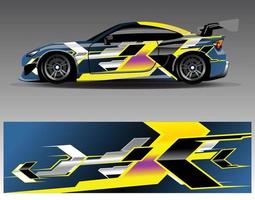 vector de diseño de envoltura de coche. Diseños de kits de fondo de carreras de franjas abstractas gráficas para envolver vehículos carrera de autos rally aventura y librea