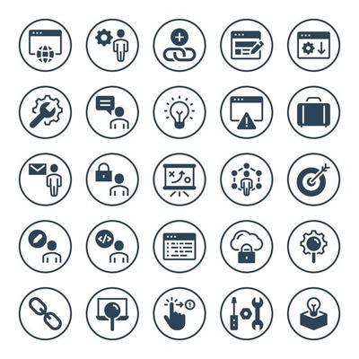 Circle glyph icons for Seo and development.