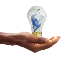 Black Hand holding 3d rendered new Nigerian Naira note inside transparent light bulb, creative thinking. Making money by solving problem. Having idea concept png