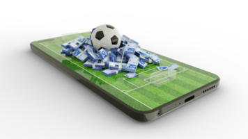 Representación 3D de apuestas de fútbol de teléfonos móviles. notas de fútbol y nigeria naira en la pantalla del teléfono. campo de fútbol en la pantalla del teléfono inteligente aislado sobre fondo transparente. apuesta y gana el concepto png