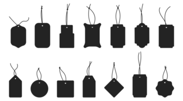 conjunto de etiquetas de precio de papel negro en blanco en diferentes formas. colección de etiquetas con cadena png
