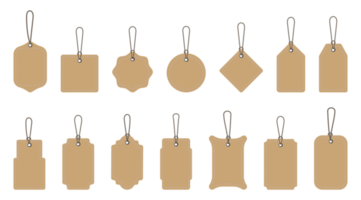 Set of blank cardboard price tags in different shapes. Collection of labels with string png