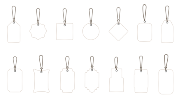 conjunto de etiquetas de precio blancas en blanco en diferentes formas. colección de etiquetas con cadena png