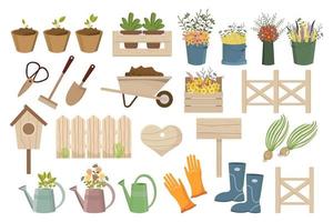 Garden set, garden wheelbarrow, shovel, rake, boots, gloves, watering cans, birdhouse, wooden signs, plants and fences. Icons, spring illustration, vector
