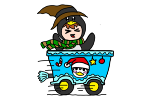 pequeño chico dibujos animados personaje en pingüino disfraz montando en un Navidad tren png