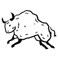 Rock art. Drawing of a bull or ox. Primitive tribal cartoon. Running animal. Black and white doodle vector