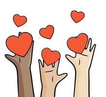Hand holds the heart. Romantic symbol and donat. Symbol of love and charity. Outline cartoon vector