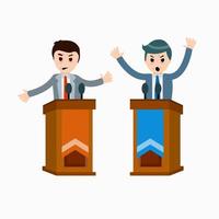 Political debate and dispute between two presidential candidates. Tribune and stand. Dialogue and elections. Podium for speech. Rostrum and man in suit. vector