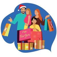 A happy family is in a hurry for a big Christmas sale in the store. People buy gifts for New Year 2023. Vector illustration.