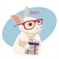 ilustración de chino nuevo año 2023 celebracion, año de el Conejo. tipográfico póster de un Conejo en rojo lentes y el número 2023. Moda diseño con un liebre. vector