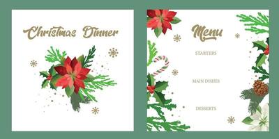 Christmas menu. Restaurant and cafe template. Vector hand drawn illustration of spruce,poinsettias, cones, berries.Food and drink brouchure.