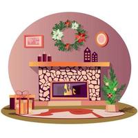Home interior with Christmas decoration. Christmas tree with balls, gift boxes, candles, Christmas wreath and fireplace. Vector cartoon set of new year decor for living room