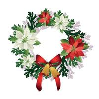 Christmas wreath with poinsettia flowers, bells and bow vector