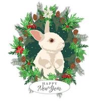 New Year rabbit symbol of 2023. Christmas rabbit in a fir wreath with cones and flowers. Card. vector
