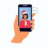 Christmas video call. People congratulate each other. New Year online party. People celebrate holidays in video chat. Fun and safe. Vector illustration in flat cartoon style.