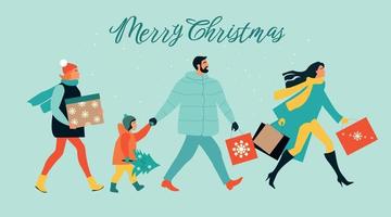 Greeting card Merry Christmas and Happy New Year. A group of people hurry with gifts to celebrate. vector