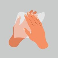 Wipe your hand with damp cloth flat icon. Wipe skin paper tissue. Wash hand. Personal hygiene. White napkin. Illustration cartoon design isolated on background. Disinfection skin care. vector