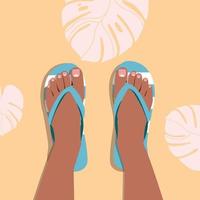 A pair of female legs with a pedicure in beach slippers. Beach shoes. Color slippers. Female stands in flip-flops, cartoon style. Summer vacation and relaxation. Illustration flat design. vector