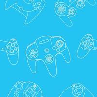 Seamless pattern of game controllers. Vector illustration in hand-drawn outline flat style on blue background