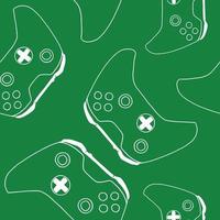 Seamless pattern of game controllers. Vector illustration in hand-drawn outline flat style on green background