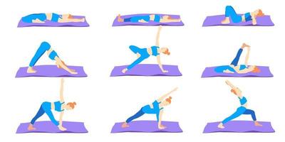 Yoga poses with mat collection. Ginger European female woman girl. Vector illustration in cartoon flat style isolated on white background.