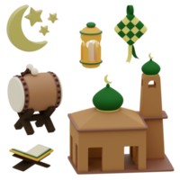 3d rendering moslem icon set includes mosque, lantern, mosque drum, crescent moon and stars perfect for design project png