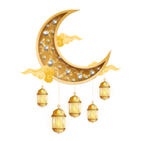 Islamitisch decoratie Ramadan eid mubarak gouden halve maan 3d lantaarn transparant achtergrond png