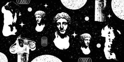 Greek ancient sculpture background with surreal elements. Seamless pattern with statues and space elements vector illustration. isolated in black and white colors.