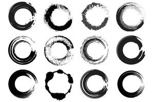 Bundle of ink brush round circle stroke freehand drawings. Ink splatters, grungy painted lines, artistic design elements. Vector paintbrush set.