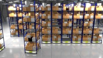 Autonomous Robots Moving Around Rack Shelves with Packages in Warehouse - Artificial intelligence, Logistics, Shipping, Storage Concept. video
