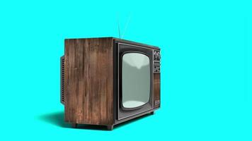 Vintage TV-Empfänger aus Holz mit grünem Bildschirm auf blauem Hintergrund isoliert video