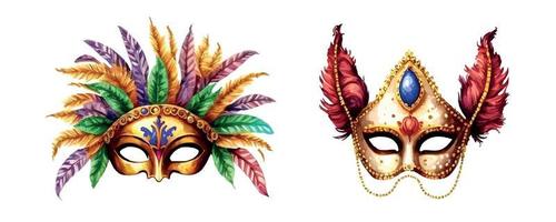 composición para mardi hierba grupo de tradicional objetos. mascarilla, rosario y plumas. mano dibujado acuarela ilustración en blanco antecedentes vector