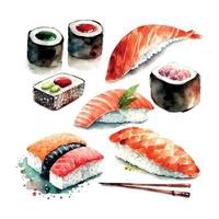 set of beautiful tasty japanese sushi seafood - watercolor hand drawn objects isolated on white background - vector illustration