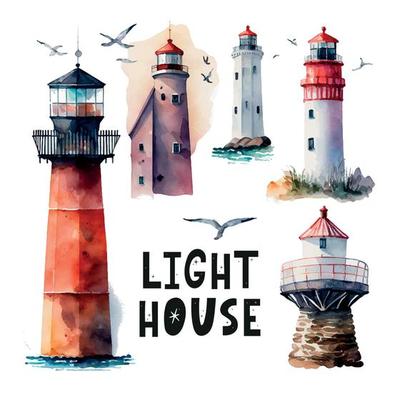 Watercolor lighthouse illustration. Isolated lighthouse and seagulls on white background. Hand drawn artwork. Vector