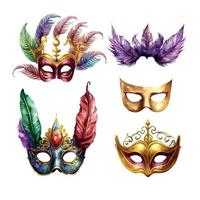 Composition for Mardi Gras. Group of traditional objects. Mask, beads and feathers. Hand drawn watercolor illustration on white background vector