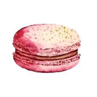 Watercolor image of blue macaroon decorated with bright pink daisy flowers isolated on white background. Hand drawn illustration of popular crunchy dessert for cafe decoration